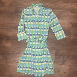 J. McLaughlin Blue and Green Geometric Long Sleeve Dress